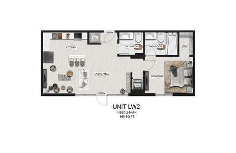 Floor plan for 1 bed, 1.5 baths, 805 sqft